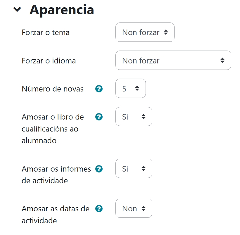 Opcións de APARIENCIA