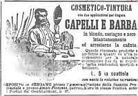 Publicidad antigua colorantes. Cartel antiguo donde se publicita un tinte para cabello y barba en Italiano. Se ve un Señor sentado en lado izquierdo y el mensaje en el lado derecho.