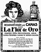 Coloración compuesta. Cartel antiguo publicitando un tinte para cubrir las canas llamado La Flor de Oro. En envase lo sujeta una mujer que tiene la cabeza apoyada en el cartel.