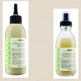 Cosméticos protectores dávines. Imagen de dos productos cosméticos con envase transparente, etiquetas blancas y tapas negras.