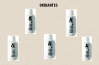 Imagen de cinco envases de agua oxigenada , con las diferentes fuerzas que se suelen usar en peluquería.