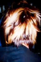 Imagen de un cabello, en bloques diagonales, muy anchos de color rubio y marrón. La imagen está tomada por detrás, y la cliente tiene una blusa negra.