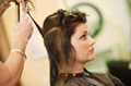 Proyección corte de cabello. Se ve una imagen de una usuaria a la que le están cortándo el cabello. El profesional sujeta proyectándola.