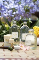 Se ve una imagen con varios envases de cosméticos y cosméticos en pastilla.