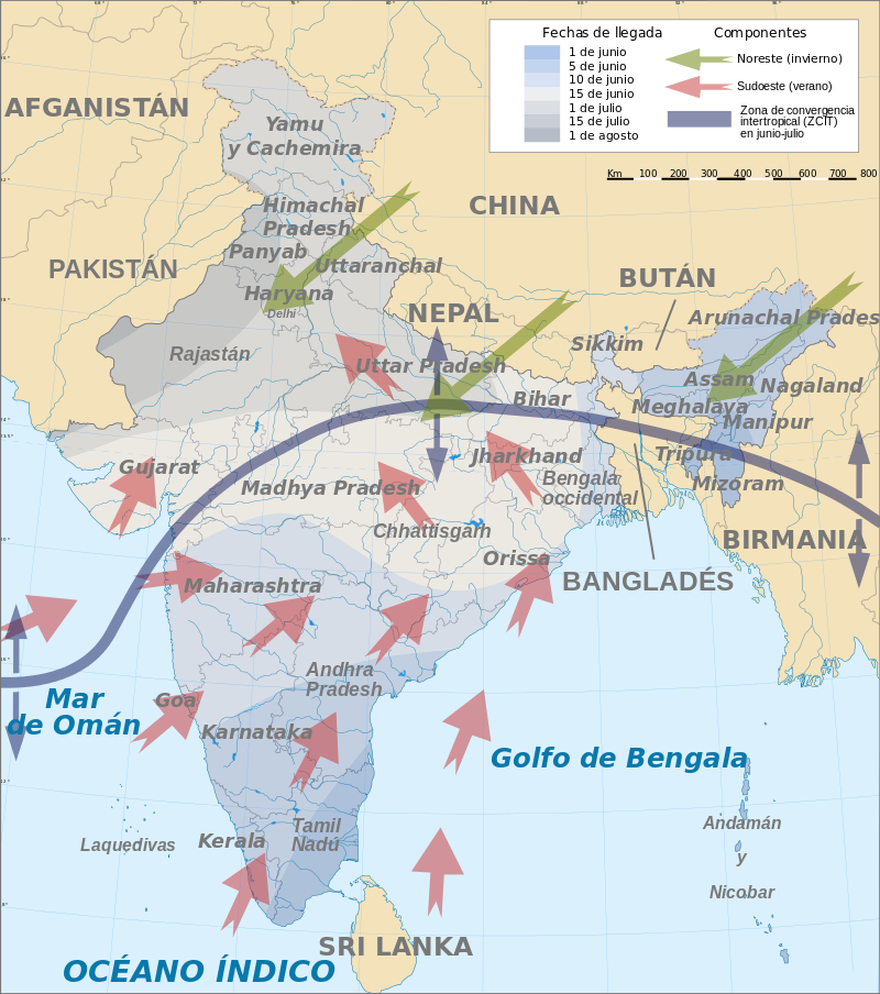 Esquema dos ventos monzónicos