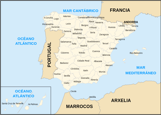 Mapa de provincias con número para realizar un exercicio