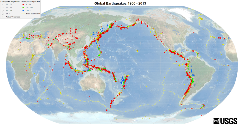 Mapa global dos terremotos e volcáns 