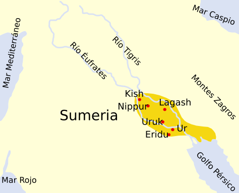 Mapa de Mesopotamia no período Dinástico Arcaico