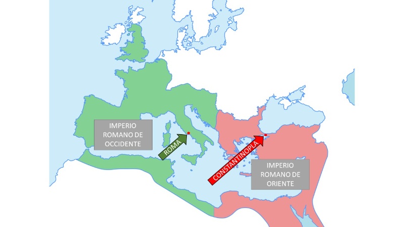 División do Imperio Romano de Oriente e Occidente