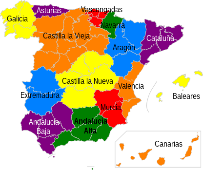 Mapa histórico: rexións de España segundo a Constitución de 1876