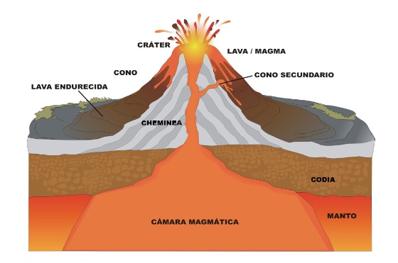 Gráfico representado o corte dun volcán e sinanlando as súas partes