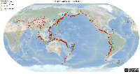 Mapa de volcáns e terremotos no planeta