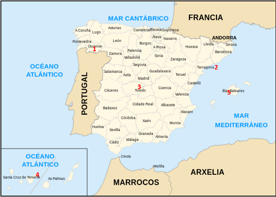 Imaxe dun mapa provincial de España para un exercicio de coordenadas xeográficas