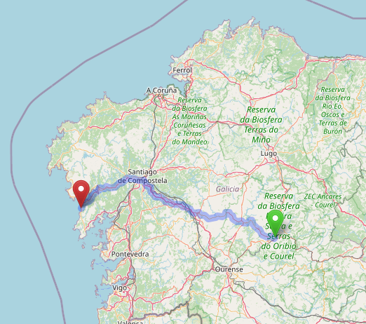 Mapa marcando as estradas a seguir na nosa viaxe