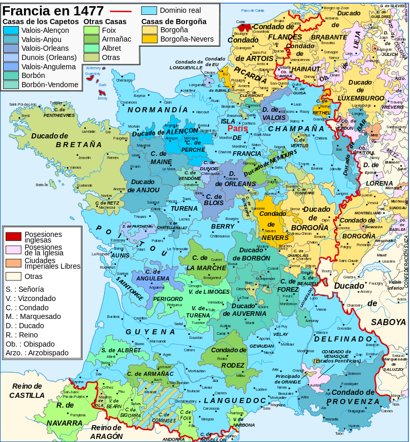 Mapa de Francia en 1477 coa división señorial