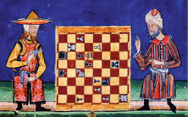 Miniatura del Libro del ajedrez, dados y tablas de Alfonso X el Sabio que representa a un judío (izquierda) y a un musulmán (derecha) jugando al ajedrez.