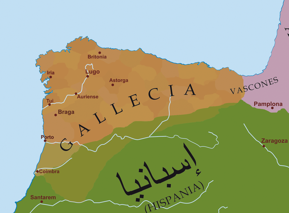 Mapa político do noroeste da Península Ibérica tras a substitución da España visigoda, pola musulmá. Galicia aparece gobernada por numerosos señores territoriais cristiáns que tentan impoñer a súa autoridade sobre os demais.