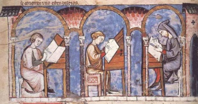 Monxes copistas nun manuscrito medieval