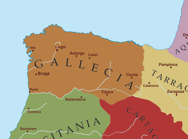 Mapa das provincias romanas do noroeste da peninsula ibérica, a comezos do século V d.C, previamente á chegada dos pobos xermánicos.
