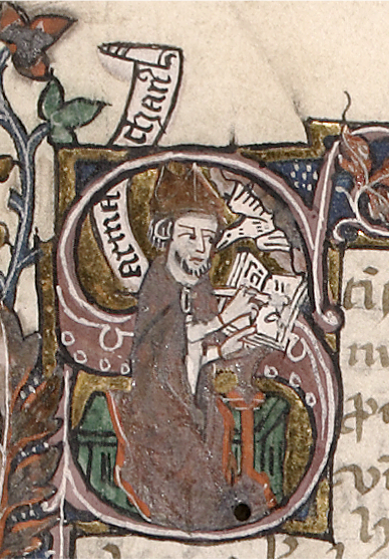 Monxe medieval escribindo enmarcado nunha letra S capital