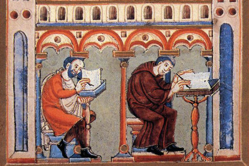 Manuscrito medieval que representa dous monxes no scriptorium