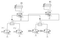 Imagen de un esquema neumático con dos cilindros y unas cuantas válvulas de diferentes tipos