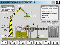 Imagen de un sistema SCADA donde se observa un manipulador de color amarillo con franjas negras que sujeta un palé con una pieza.  Debajo de esa pieza que sostiene hay más piezas apiladas además de una cinta transportadora