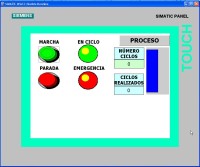 Imagen de una pantalla de un sistema SCADA, donde se sobre un fondo blanco y gris con una recuadro verde, se pueden ver 4 círculos, dos de color verde y dos de rojo que simbolizan pulsadores y lámparas, además de un par de casilla de color azul