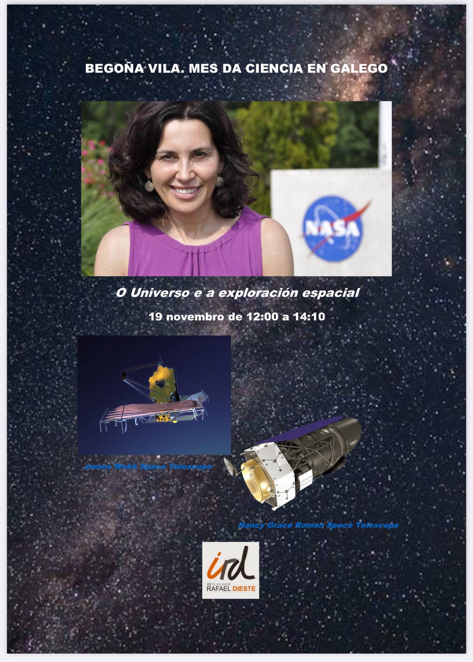 Cartel Begoña Vila. Mes da ciencia en galego