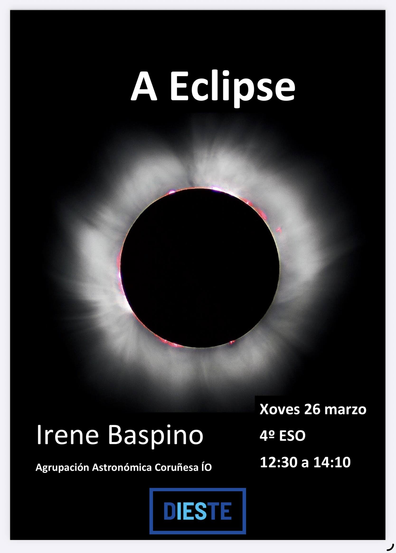 Cartel a conferencia de Irene Baspino vese unha eclipse total de Sol (Wikipedia)