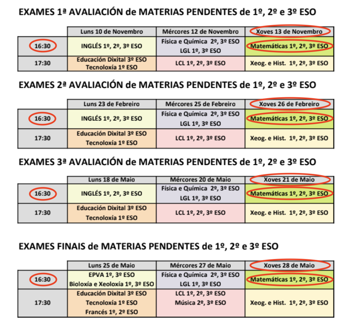 Calendario exames pendentes ESO