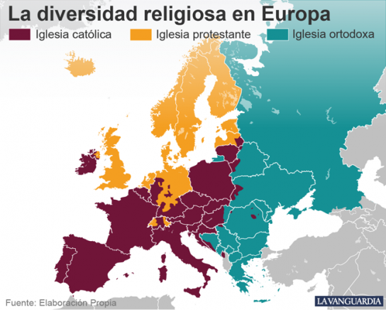 Mapa diversidad religiosa en Europa. 