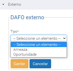 Captura da plataforma EduCalidade que amosa o procedemento para configurar aspectos como ameazas ou oportunidades.