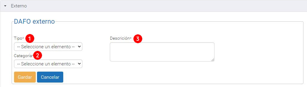 Captura da plataforma EduCalidade que amosa o cadro para escribir os aspectos externos do DAFO