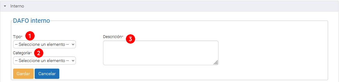 Captura da plataforma EduCalidade que amosa o apartado para a introdución dos aspectos internos do DAFO