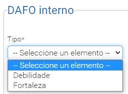 Captura da plataforma EduCalidade que amosa o procedemento para configurar os aspectos como debilidades ou fortalezas.