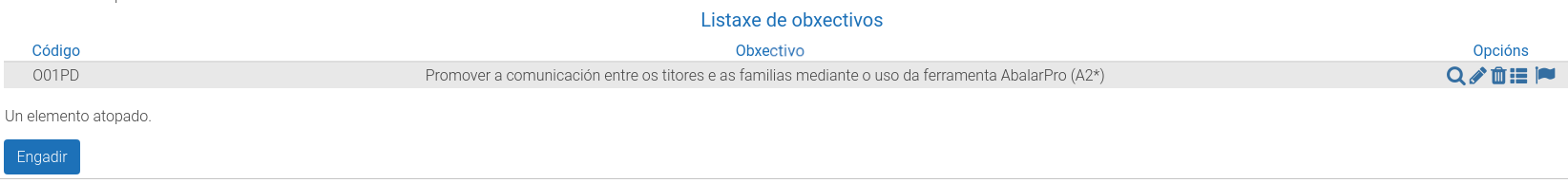 Captura da plataforma EduCalidade que amosa o apartado para a listaxe dos obxectivos.