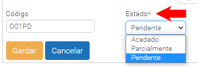 Captura da plataforma EduCalidade que amosa o despregable co estado das accións.