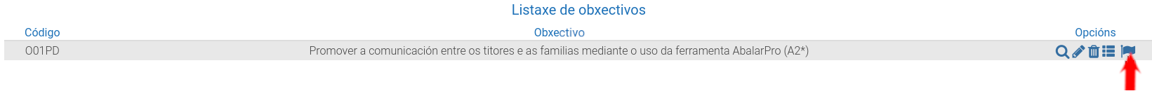 Captura da plataforma EduCalidade que amosa o apartado para acceder aos indicadores do obxectivo.