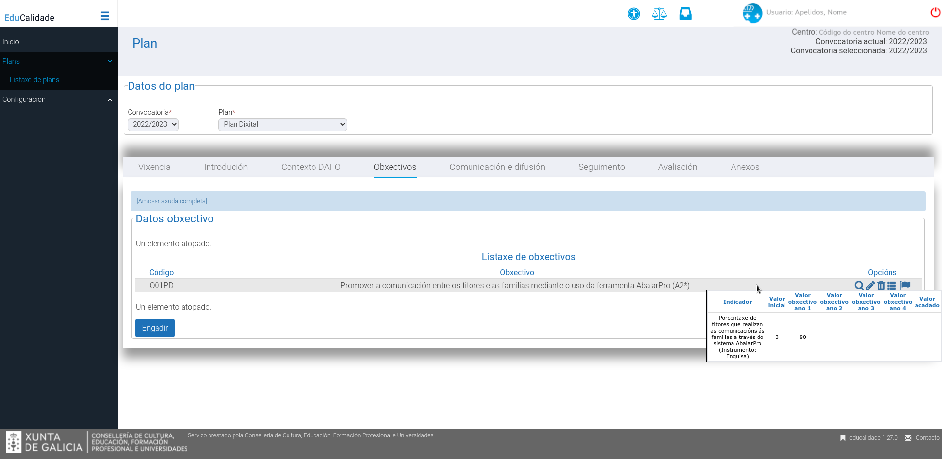 Captura da plataforma EduCalidade que amosa os datos do indicador ao situar o punteiro do rato sobre o obxectivo.