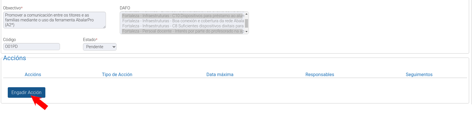 Captura da plataforma EduCalidade que amosa o apartado coa información sobre o obxectivo seleccionado.