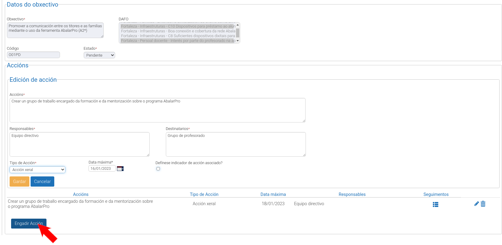 Captura da plataforma que amosa o apartado cos datos da nova acción creada.
