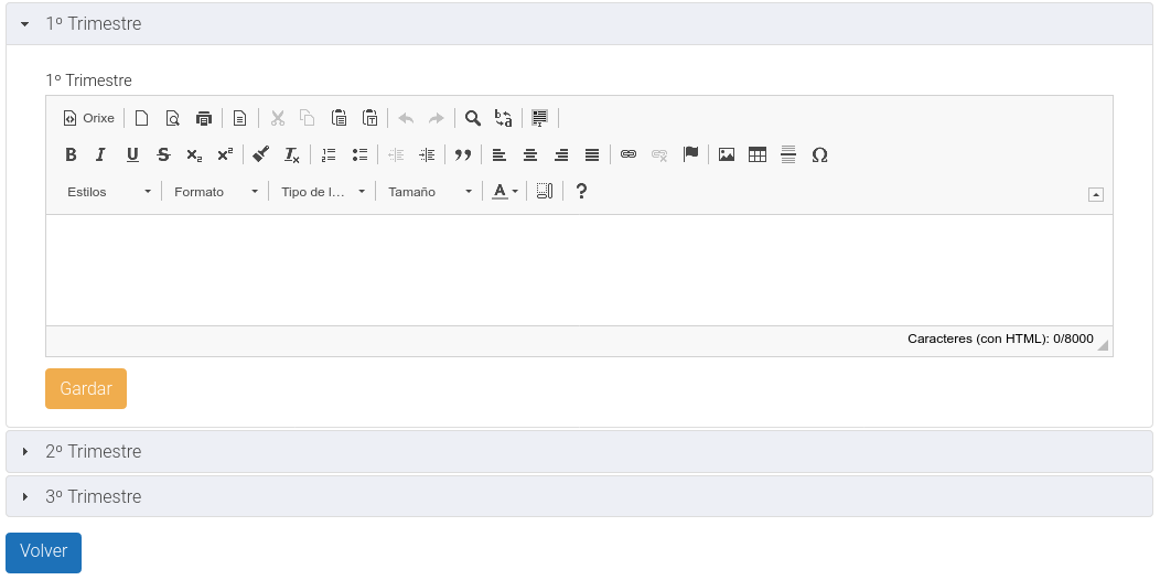 Captura do campo de texto en EduCalidade para introducir información sobre o seguimento trimestral