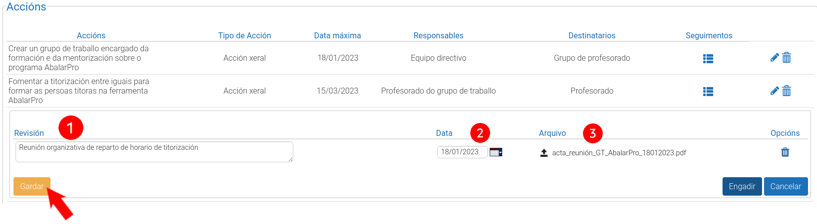 Captura da plataforma EduCalidade que amosa o apartado para a revisión das accións