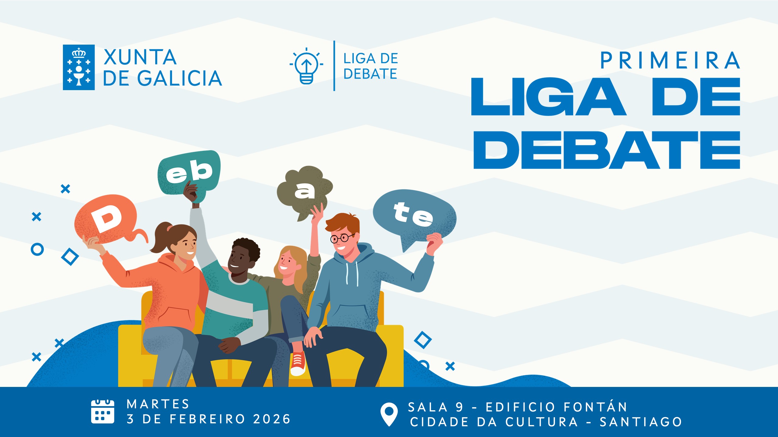 Portada da primeira liga escolar de debate. Aparecen catro persoas que falan mentres sosteñen as letras da palabra "debate".
