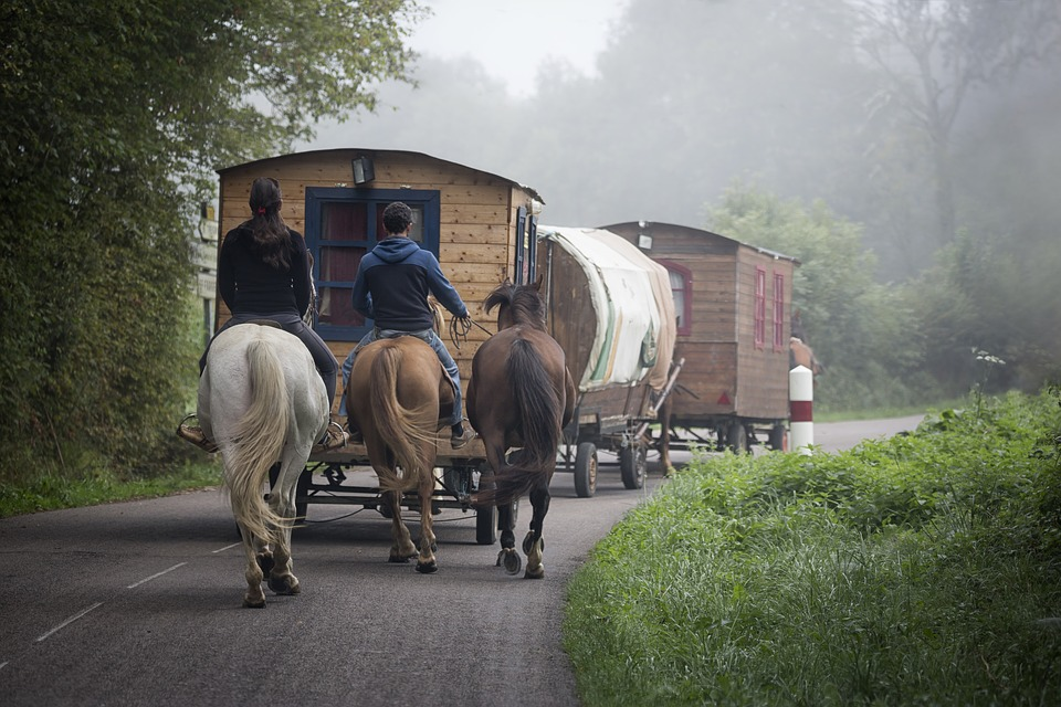 Imaxe dunha caravana de carruaxes e cabalos.