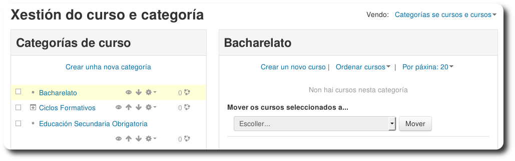 Panel de xestión de categorías e cursos