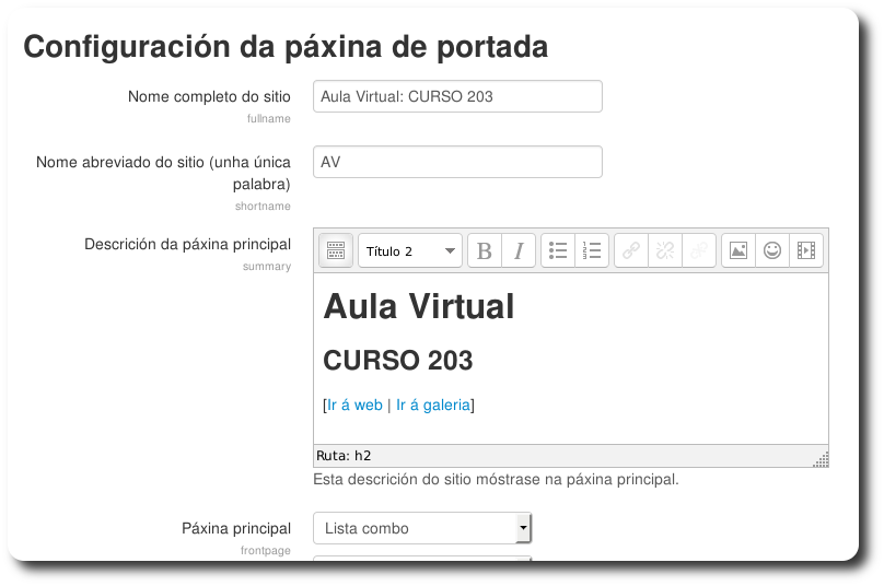 Configuración da páxina de portada