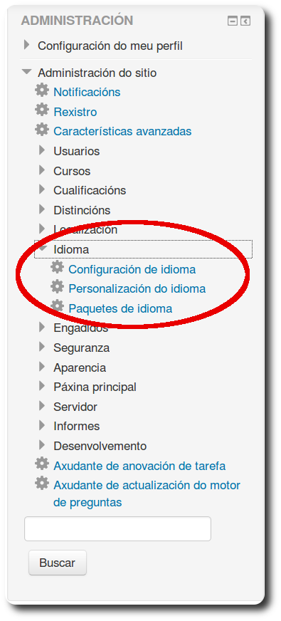 Menú Administración do sitio