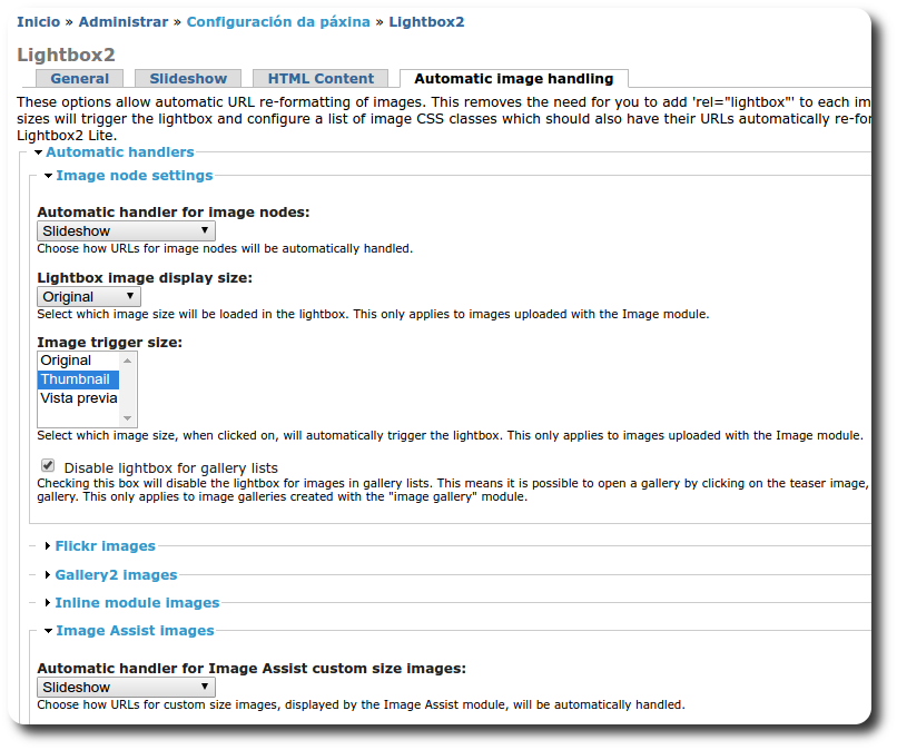 opcións de configuración lightbox